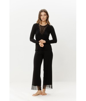 Schwarzes Micromodal-Pyjama-Set langärmelig mit Tüll- und Spitzeneinsatz am Oberteil