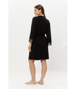 Déshabillé micromodal noir manches trois-quarts tulle, vue de face