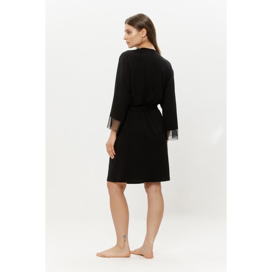 Déshabillé micromodal noir manches trois-quarts tulle, vue de face