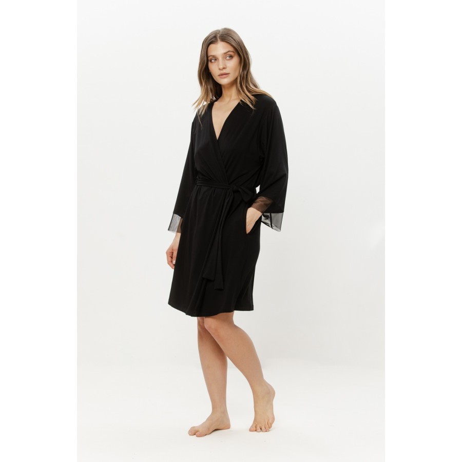 Side view of short micromodal robe showing tulle hem and side pocket