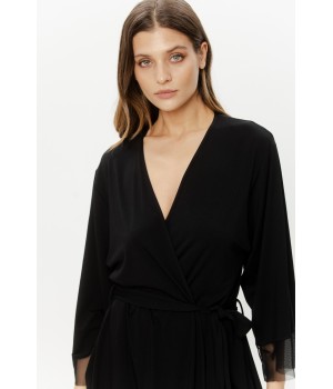 Back view of black fitted micromodal robe with tulle hem band