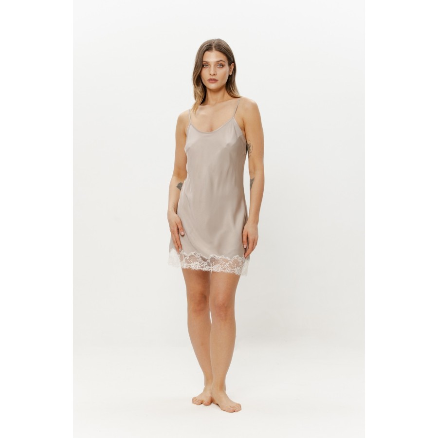 Beige viscose nightie front view, adjustable straps, lace hem