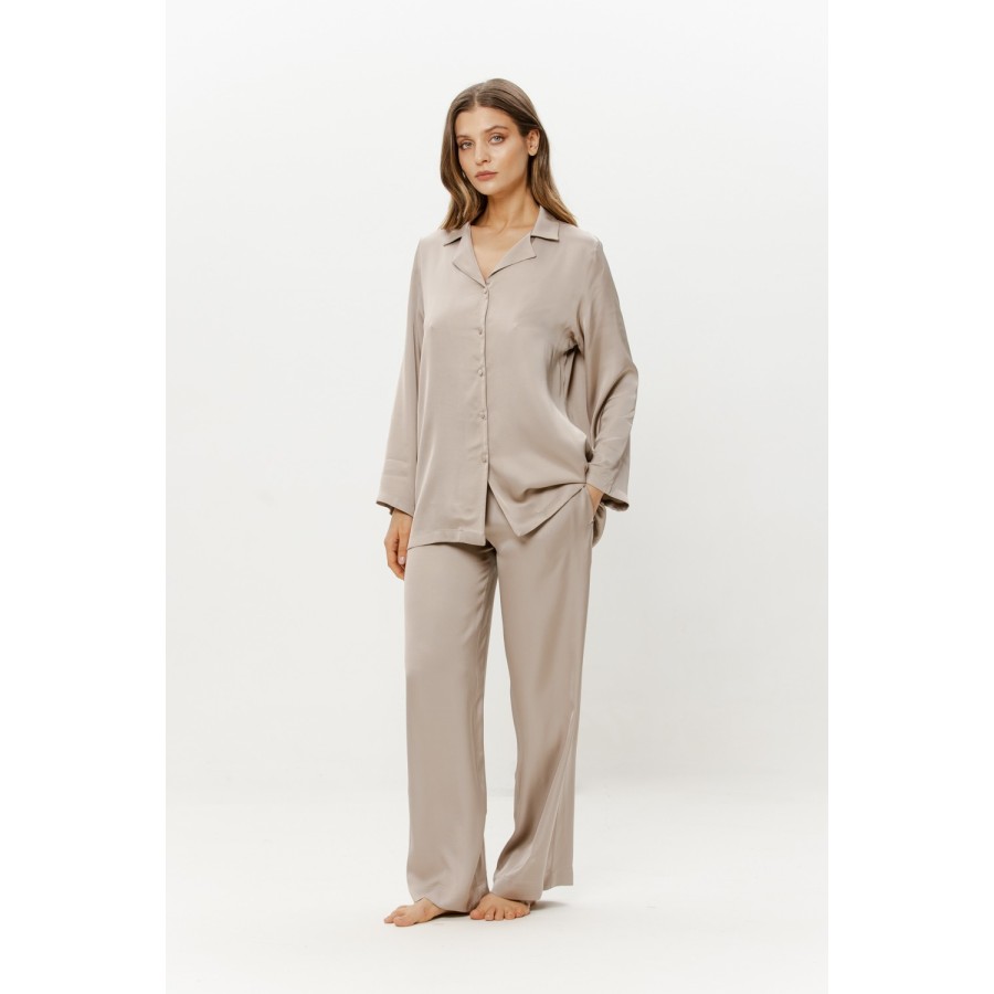 Pyjama-Set Beige Langarmshirt lockere Hose EcoVero-Viskose