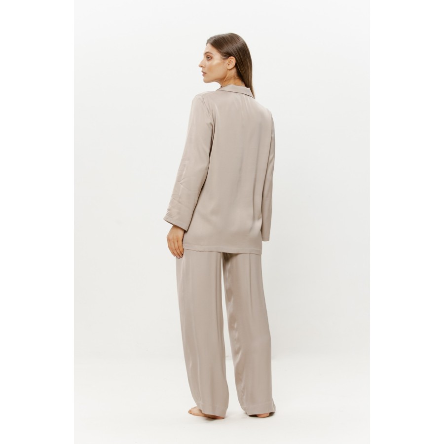 Langarmshirt Knopfleiste Pyjama-Set Vorderseite Beige