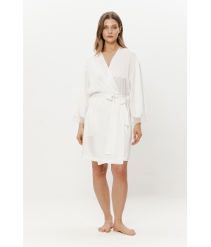 White satin robe with 3/4 lace-trimmed sleeves, front view tied at the waist