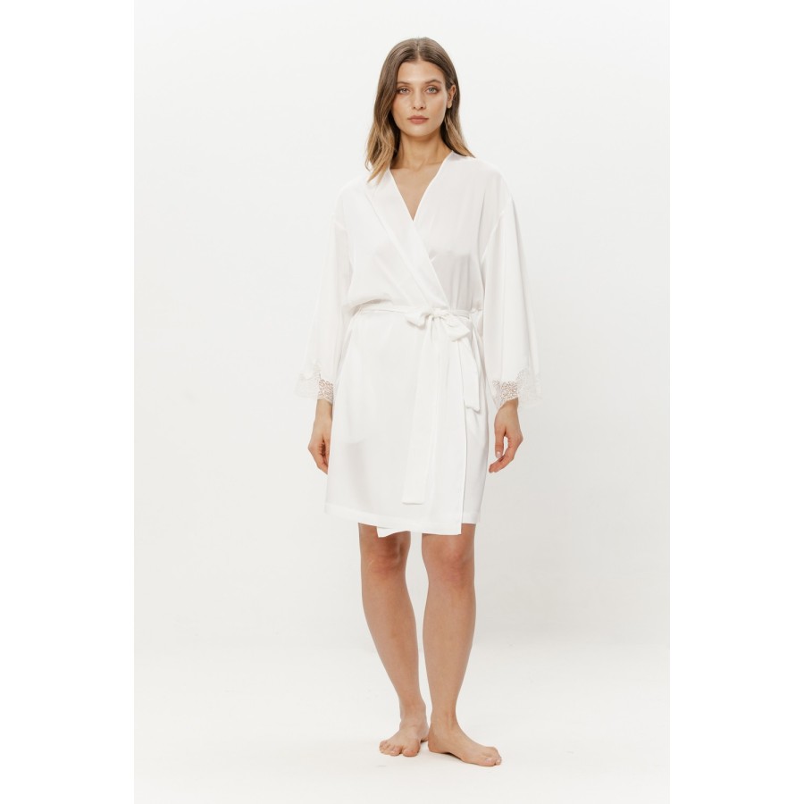 White satin robe with 3/4 lace-trimmed sleeves, front view tied at the waist