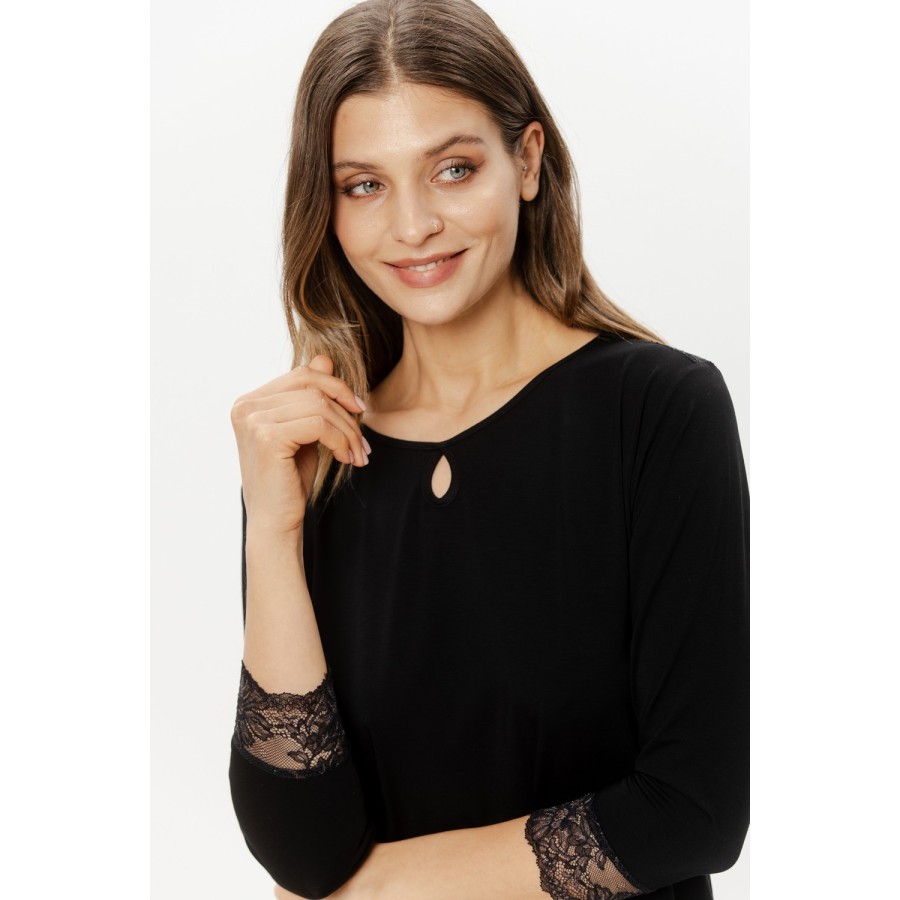 Pantalón tobillero pijama micromodal negro bajo encaje