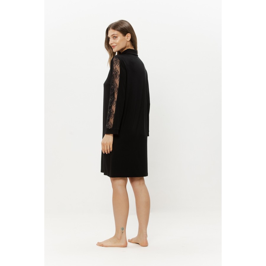 Side view of black micromodal tunic nightgown showing loose cut and lace sleeve band
