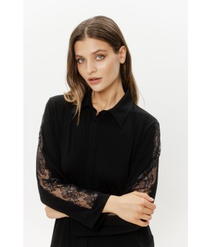 Close-up of shirt collar and lace detail on micromodal nightgown sleeve