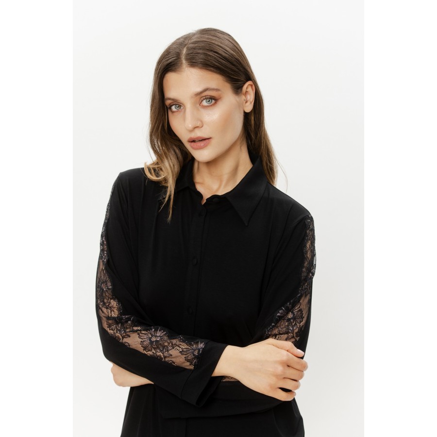 Close-up of shirt collar and lace detail on micromodal nightgown sleeve