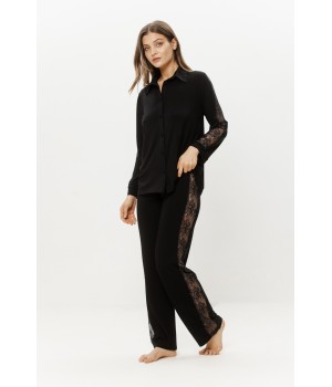 Front view of black micromodal pajama set with pointed shirt collar and lace trim on sleeves