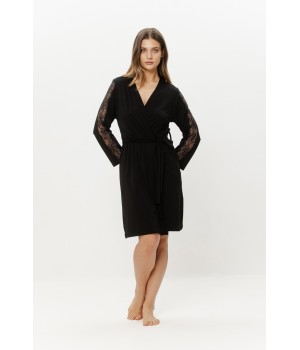 Black micromodal robe with lace-trimmed sleeves and side pockets, front view