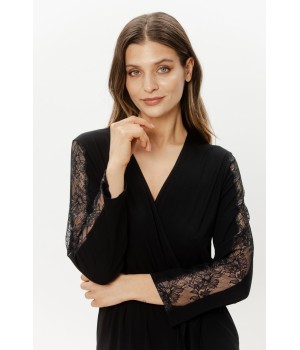 Black micromodal robe belt tied at the waist, with lace trimming on the tips
