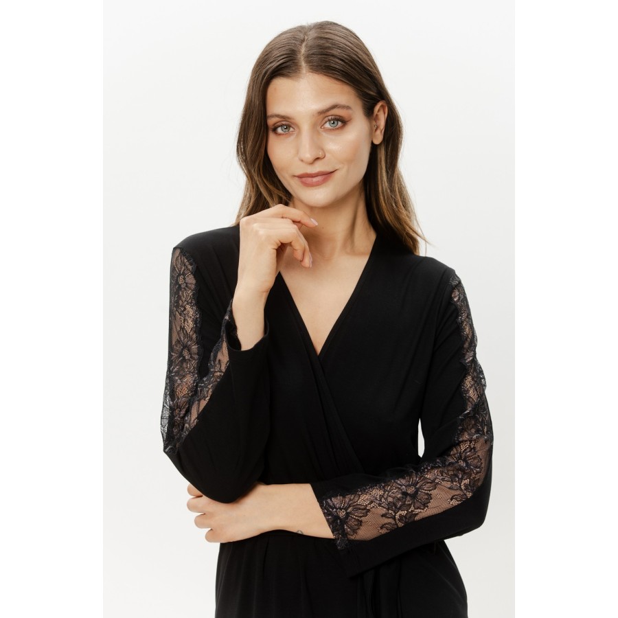 Black micromodal robe belt tied at the waist, with lace trimming on the tips