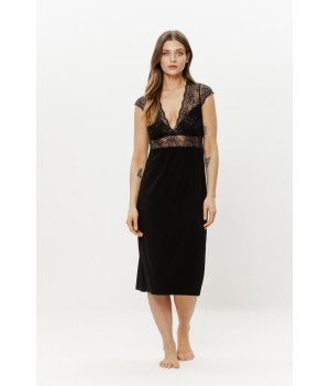Chemise de nuit micromodal noir, dentelle décolleté et dos - face