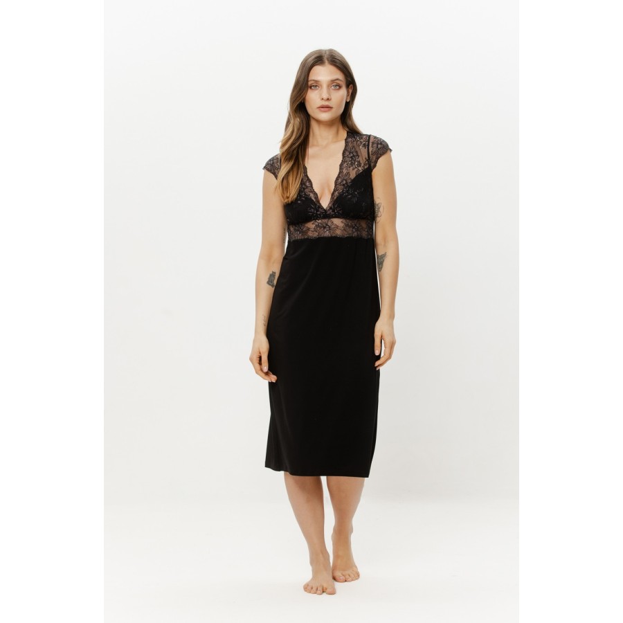 Chemise de nuit micromodal noir, dentelle décolleté et dos - face