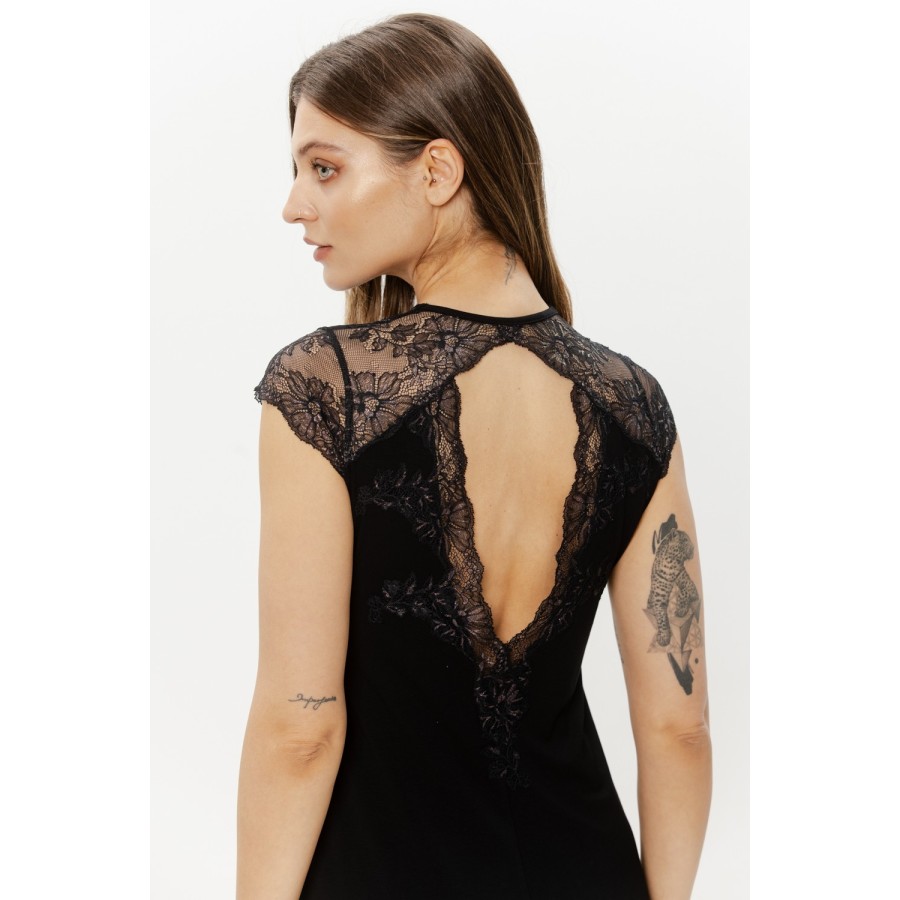 Manche courte bordée de dentelle chemise micromodal