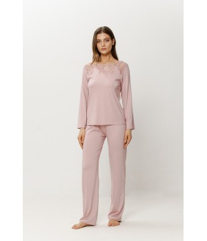 Pink viscose pajama set, long sleeves and straight trousers, front view