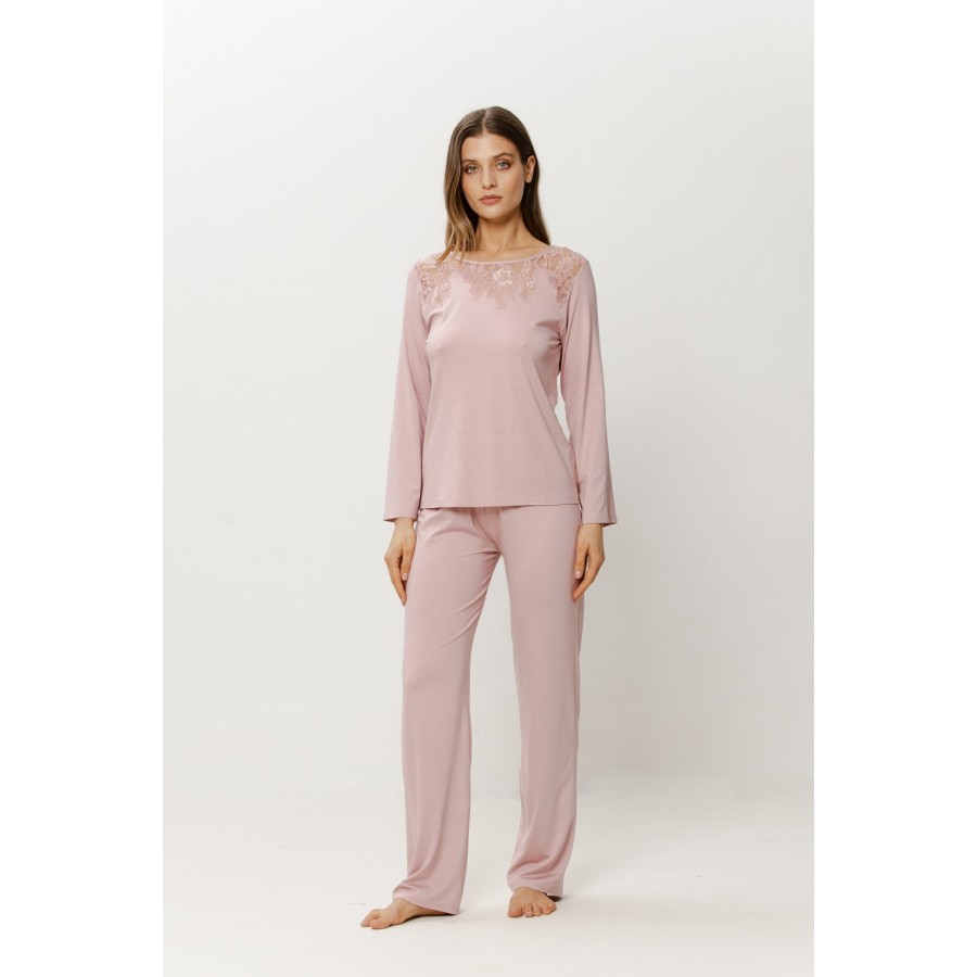 Pyjama-Set Viskose Spitze Langarm Rose Vorderansicht