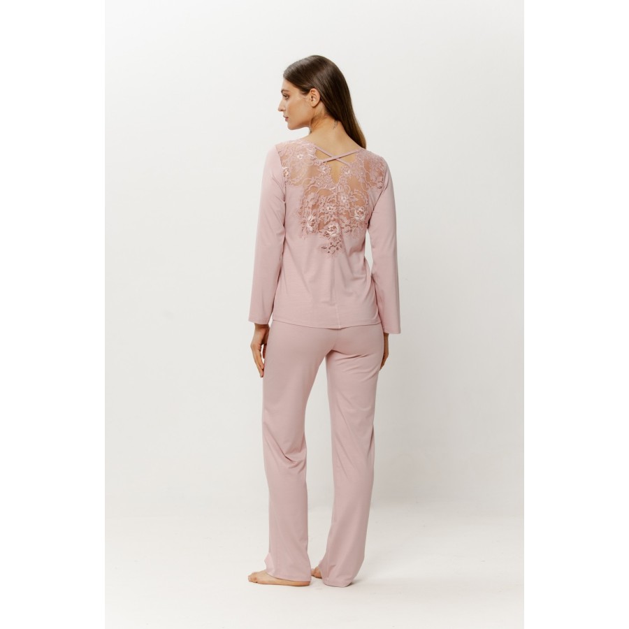 Viscose pajama set back view with full openwork lace panel