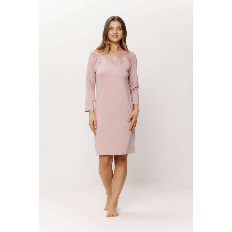 Pink viscose nightgown with long sleeves and lace trim neckline front view